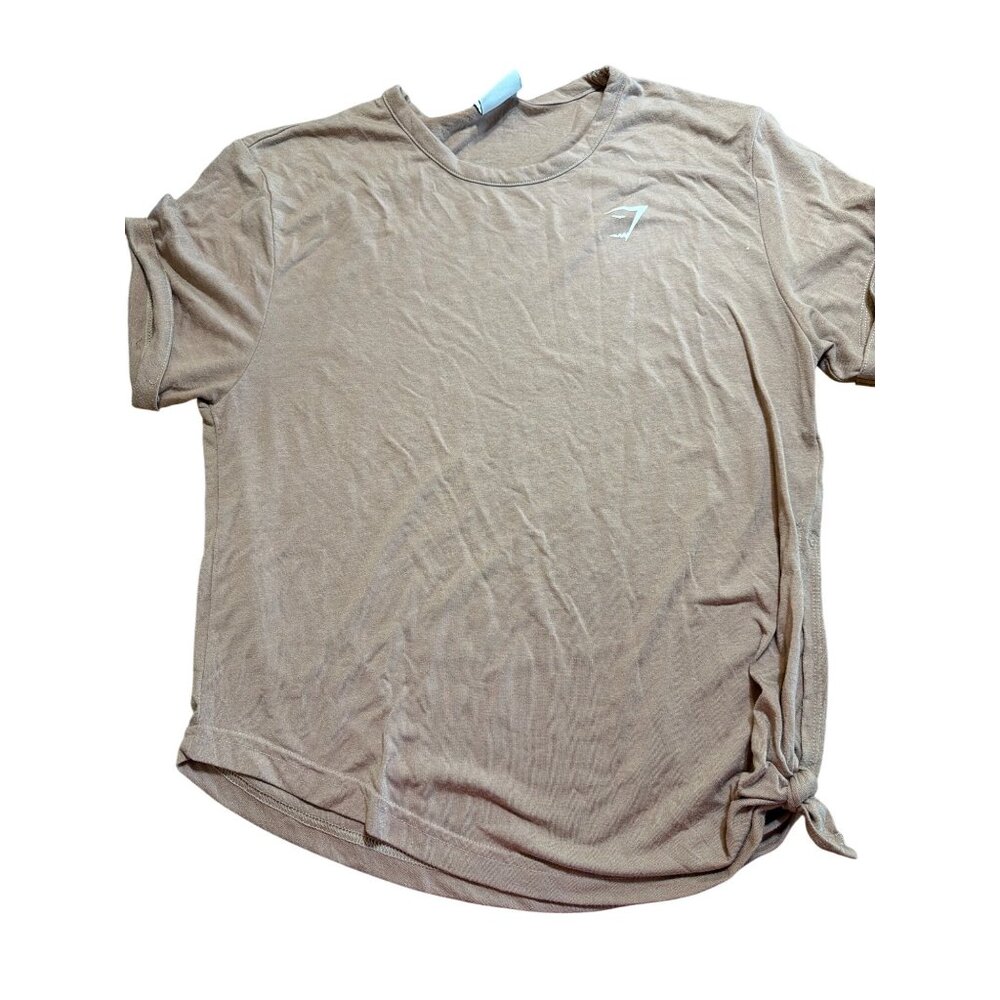 2 Gymshark Womens Short Sleeve Shirts Slit Tie Side Tan Blue Cuff Sleeve Sz M - Picture 2 of 5
